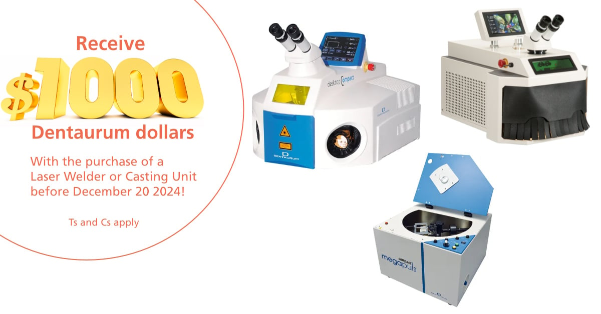 Receive $1000 Dentaurum Dollars with the purchase of a Laser Welder or Casting Unit before December 20, 2024.